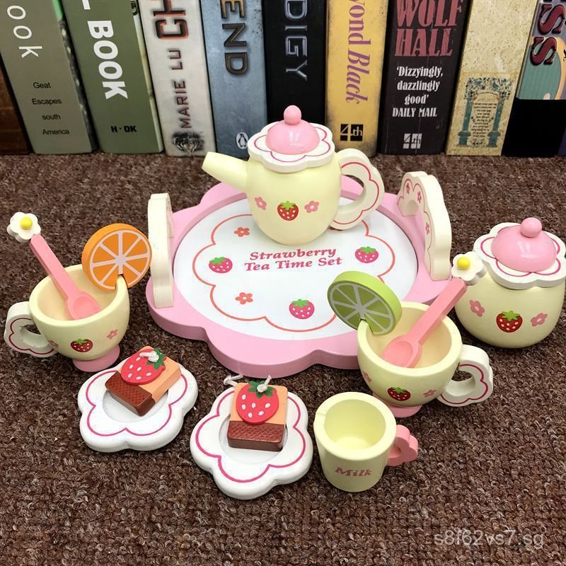 Wooden Pretend Play Kitchen Afternoon Tea Toy Set with Simulated Tea ...