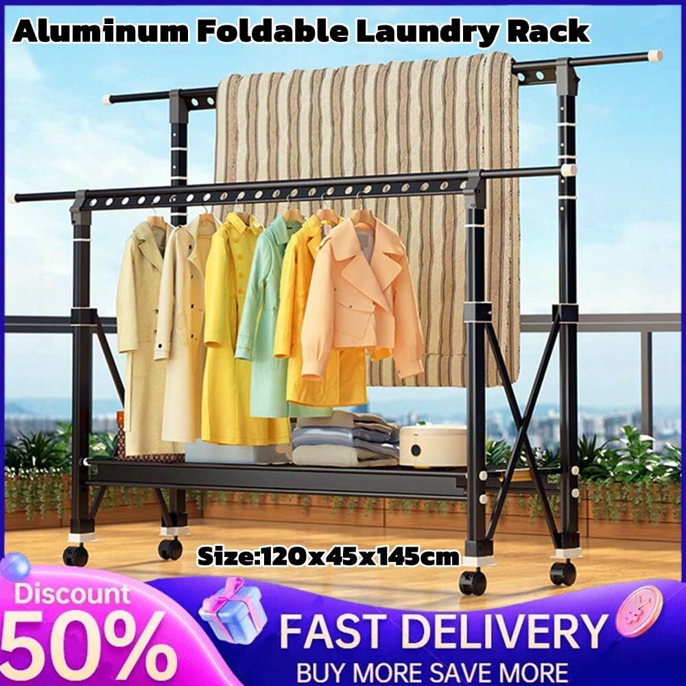 Aluminum Foldable Laundry Rack with Wheels Telescopic Rack Extendable ...