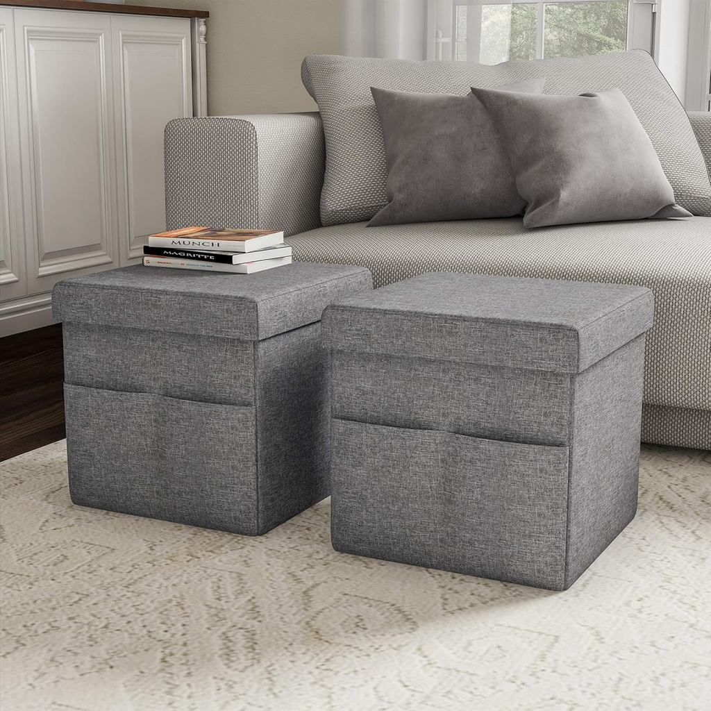 Set of 2 Ottomans with Storage Pockets - 15-Inch Folding Foot Rests or ...