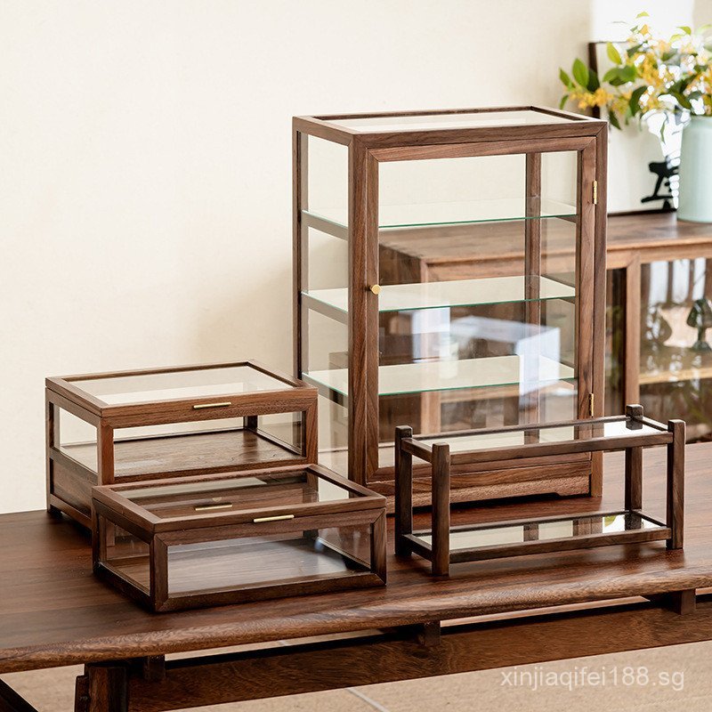Walnut Tea Set Glass Display Cabinet Desktop Solid Wood Storage Cabinet ...