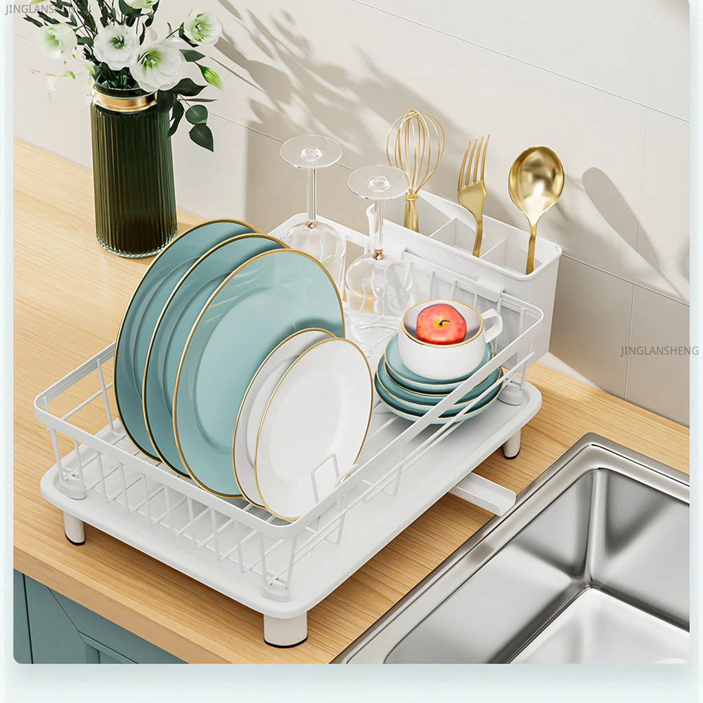 2-Tier Dish Drying Rack with Drain Tray - Adjustable Iron Dish ...