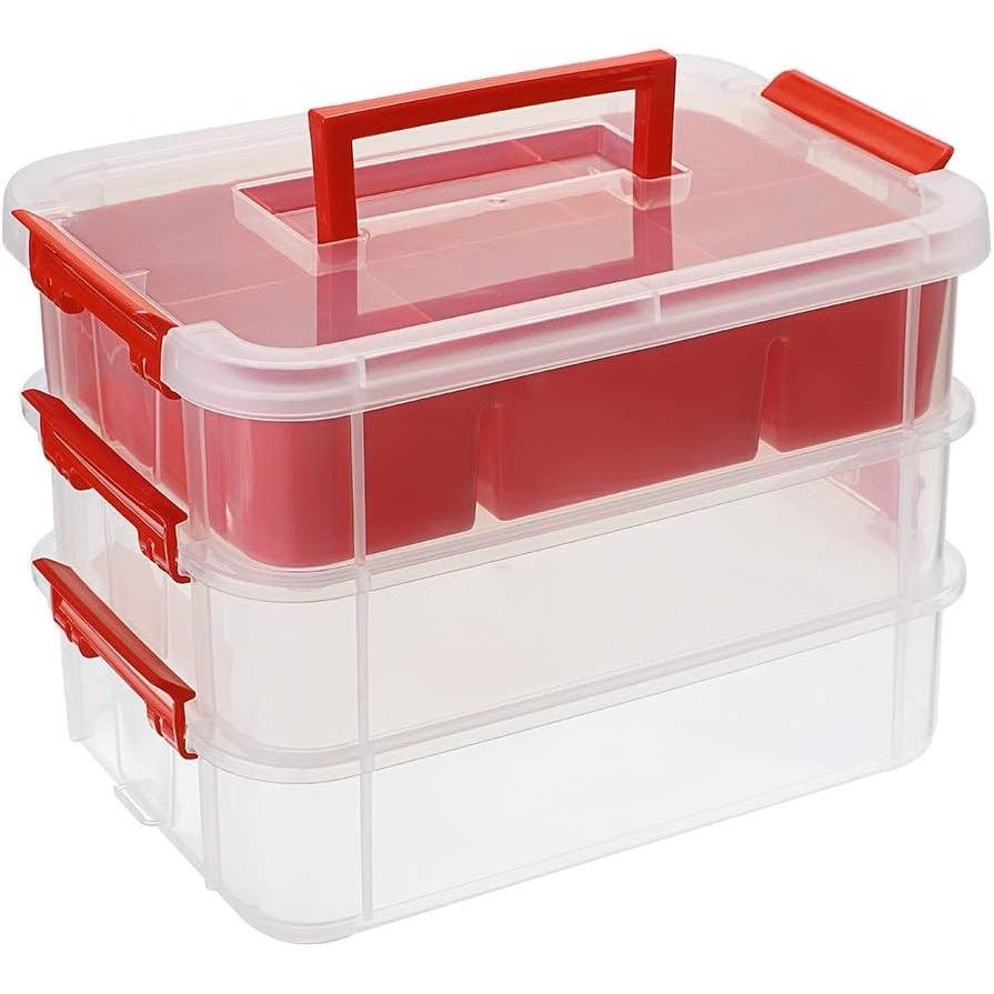 JUXYES 3-Tiers Stack Carry Box With Divided Tray, Transparent Stackable ...