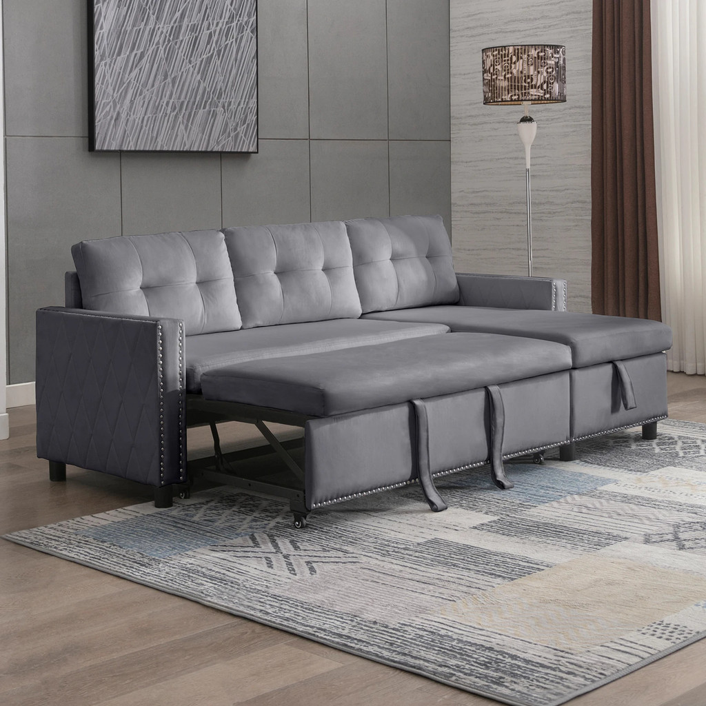 83'' Convertible Sectional Couch With Pull Out Bed, Velvet L Shaped ...