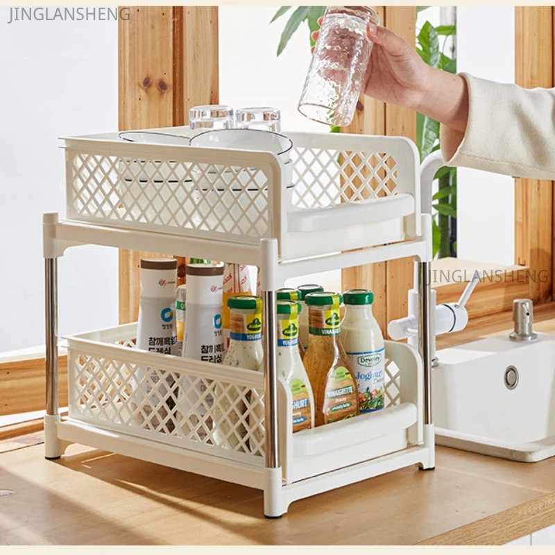 Double Layer Pull-Out Kitchen Organizer Basket, Under Sink & Countertop ...