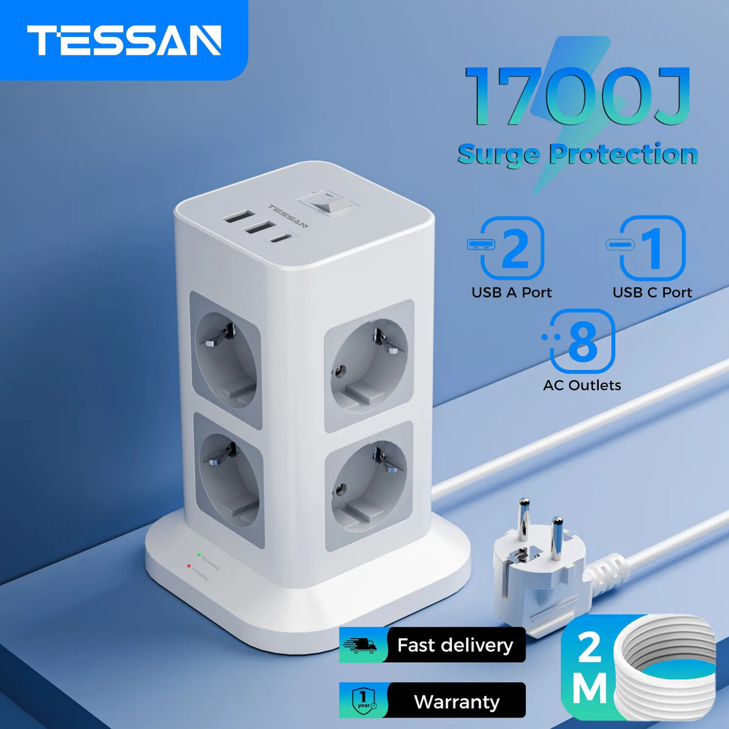 Tower Power Strip Multi Outlets With 2 Usb +1 Type C 2m Extension Cable ...