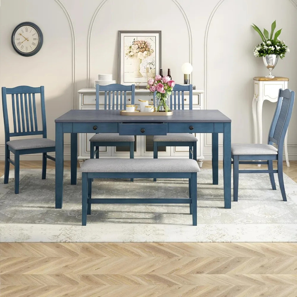 6 Piece Kitchen Table Set With Bench And Chairs Farmhouse Solid Wood ...