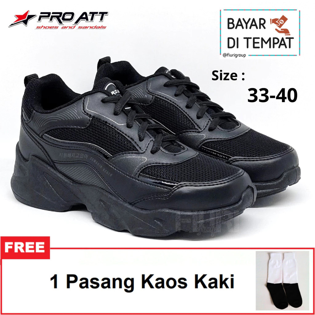 Pro Att - LIP 33-40 - Sepatu Sneakers Kets Sekolah Olahraga Anak SD SMP SMA Kuliah Kerja - Full Hitam - Gambar 3
