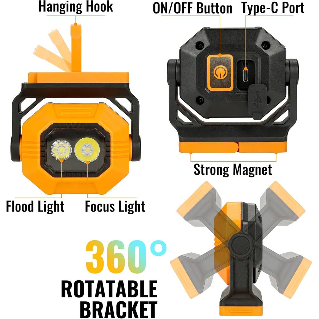 LED Rechargeable Work Light, 2Pack 1500LM Portable COB Magnetic Lights ...