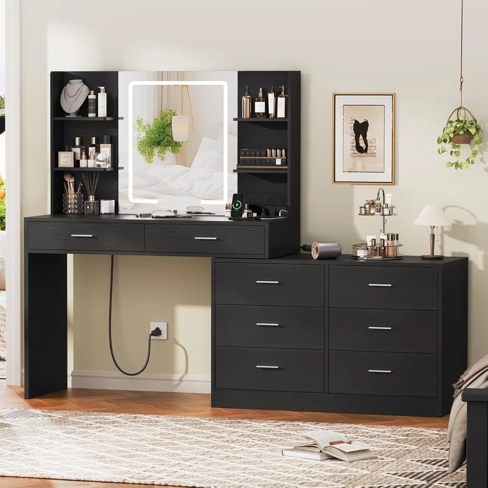 65.9 Inch Dressing Table With Led Lighting Mirror And Power Socket ...