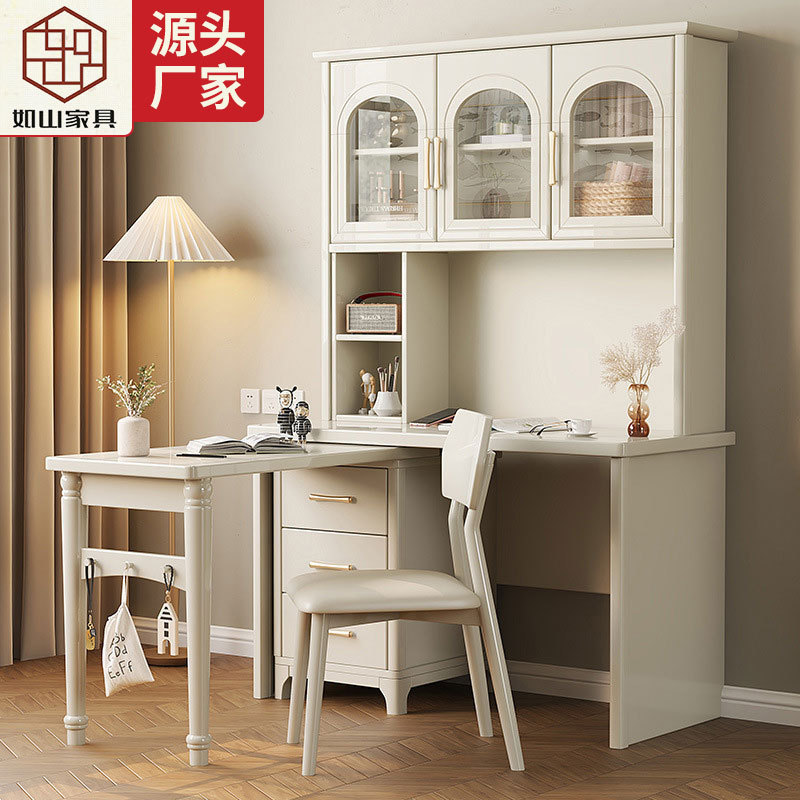 Cream Style Solid Wood Desk for Home Use, Writing Desk with Bookshelf ...