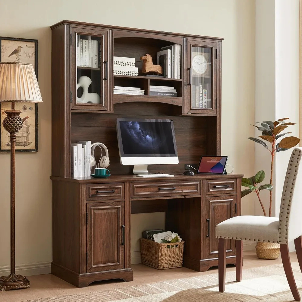 Farmhouse 76 Height Computer Desk With Hutch Office Desk With Charging ...