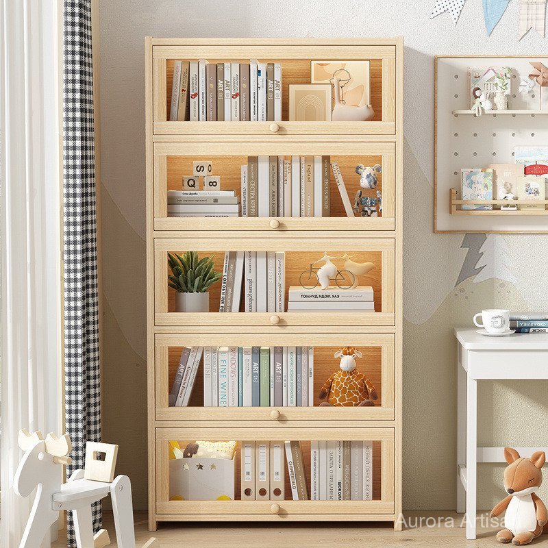 Pine Wood Bookcase with Flip Transparent Doors, Student Book Storage ...