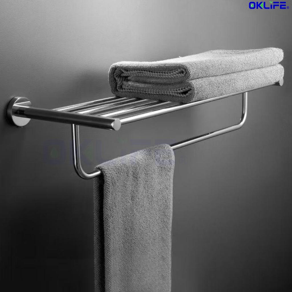 304 Stainless Steel Wall-Mounted Bathroom Towel Rack with Storage Shelf view 9