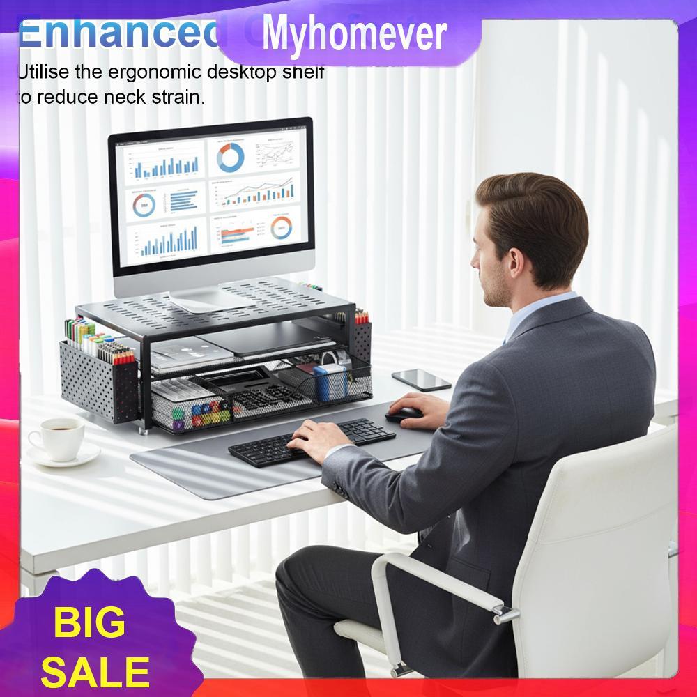 2-Tier Computer Monitor Stand Riser with Drawer and 2 Pen Holders ...