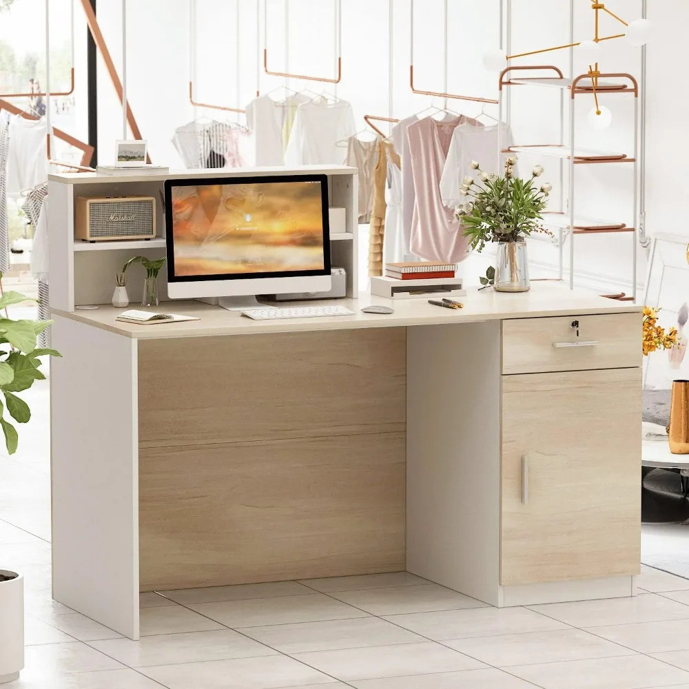 Modern Reception Desk Counter With Hutch, Lockable Drawer & 1 Door ...
