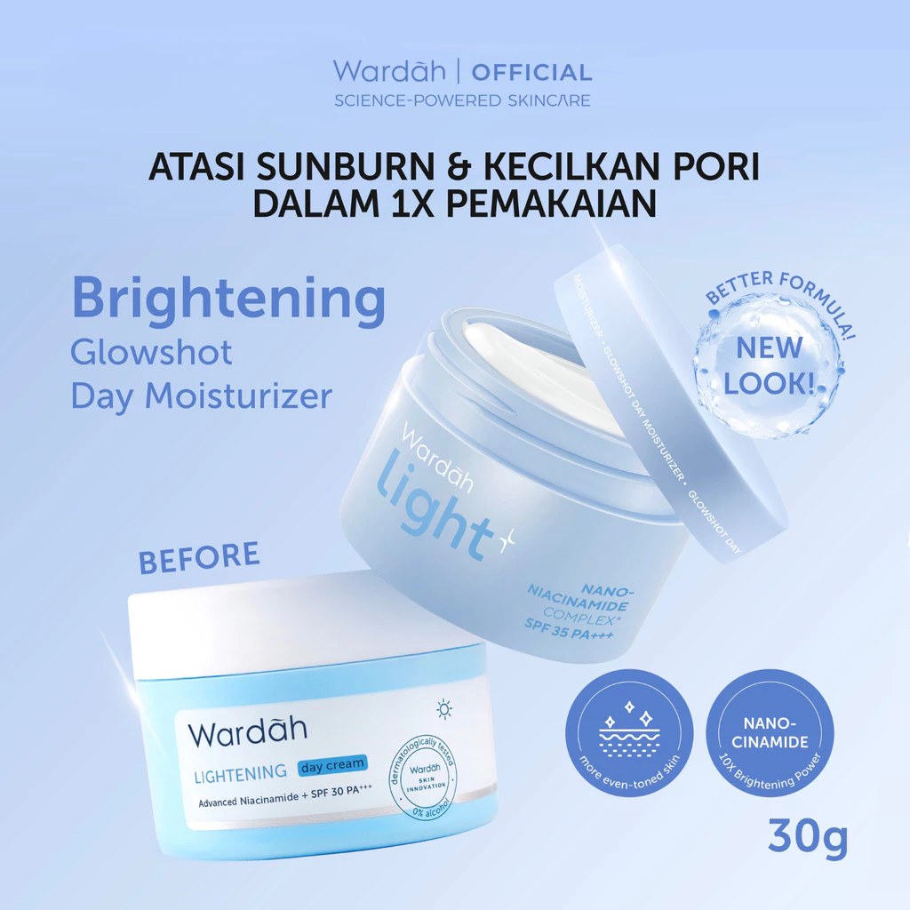 Wardah Lightplus Glowshot Day Moisturizer 30 g - Instant Tone Up, SPF Protection, Mencerahkan, Menjaga Barrier, Ringan Seperti Gel, Melembabkan Wajah, Tidak Lengket, Mudah Menyerap, Nano Niacinamide, Lightening - Skincare