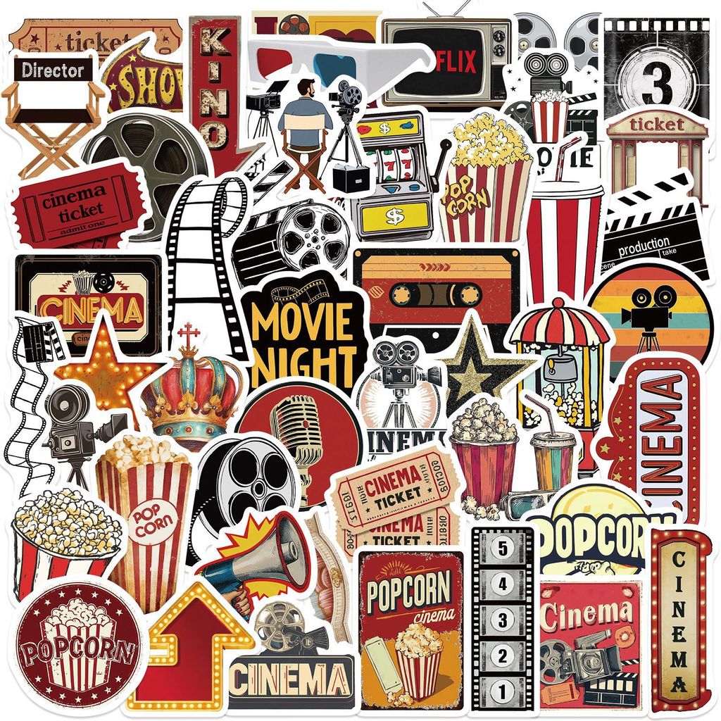 50PCS Vintage Movie Party Stickers Waterproof Cinema Popcorn DIY ...