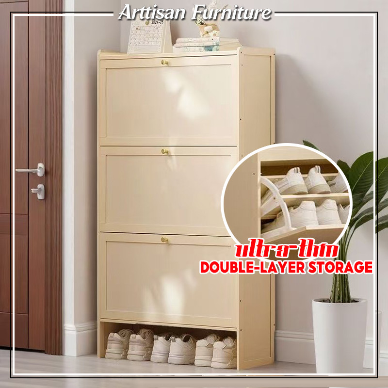 Slim Shoe Cabinet Cream Shoe Rack Cabinet with Flip Door Entrance ...