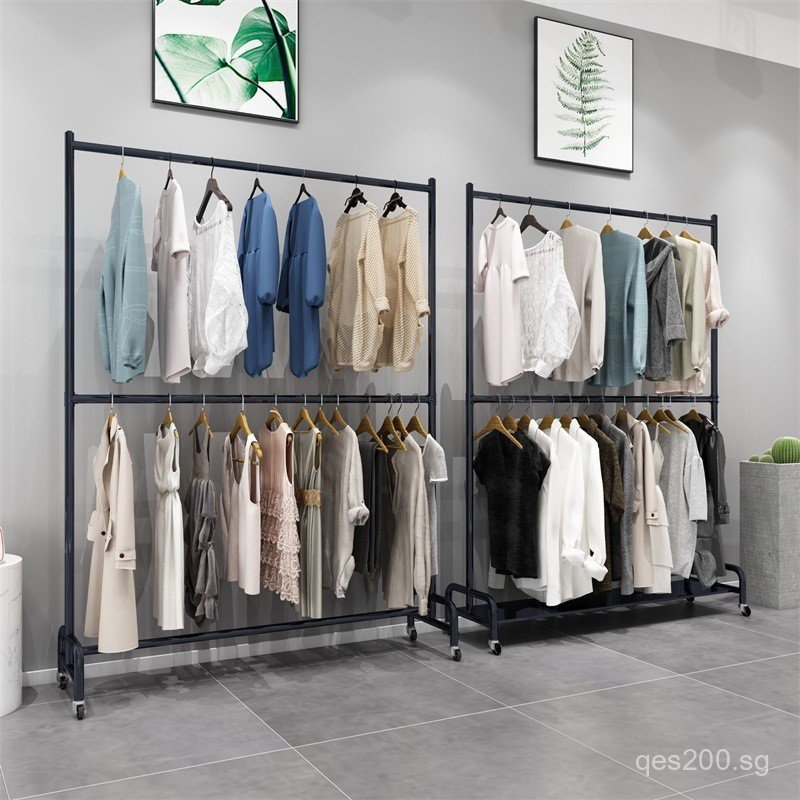 Clothing Store Floor Display Rack Double Layer Double Rod with Wheels ...