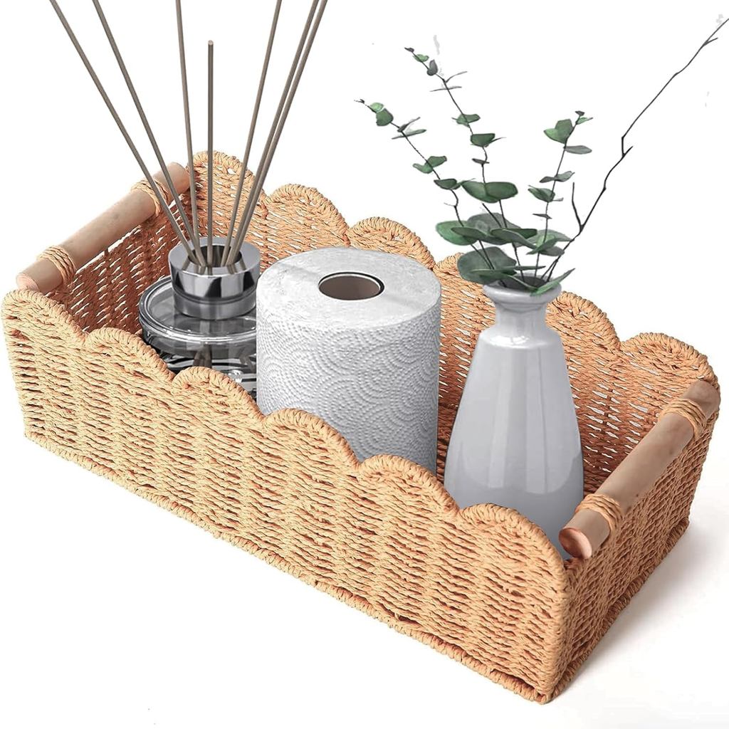 Scalloped Edge Organizer Basket for Toilet Tank Top with Wooden Handle ...