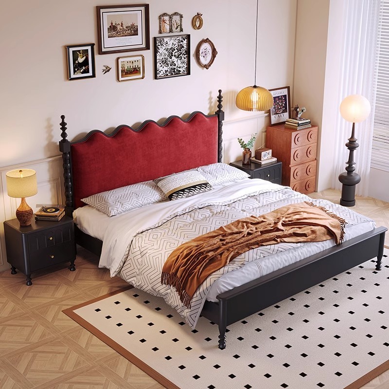 French Vintage Style Solid Wood Bed Jacquard Wave Ripple Bed Retro with ...