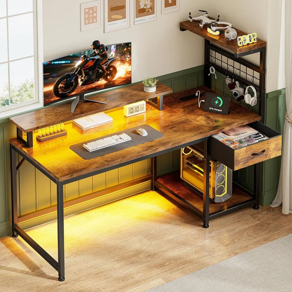 48 Inch Computer Desk With Power Outlets & Led Lights,home Office Desk ...