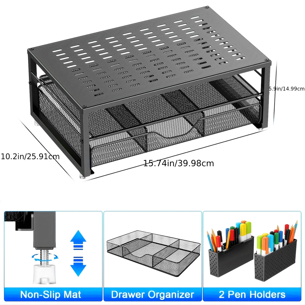 2-Tier Computer Monitor Stand Riser with Drawer and 2 Pen Holders ...