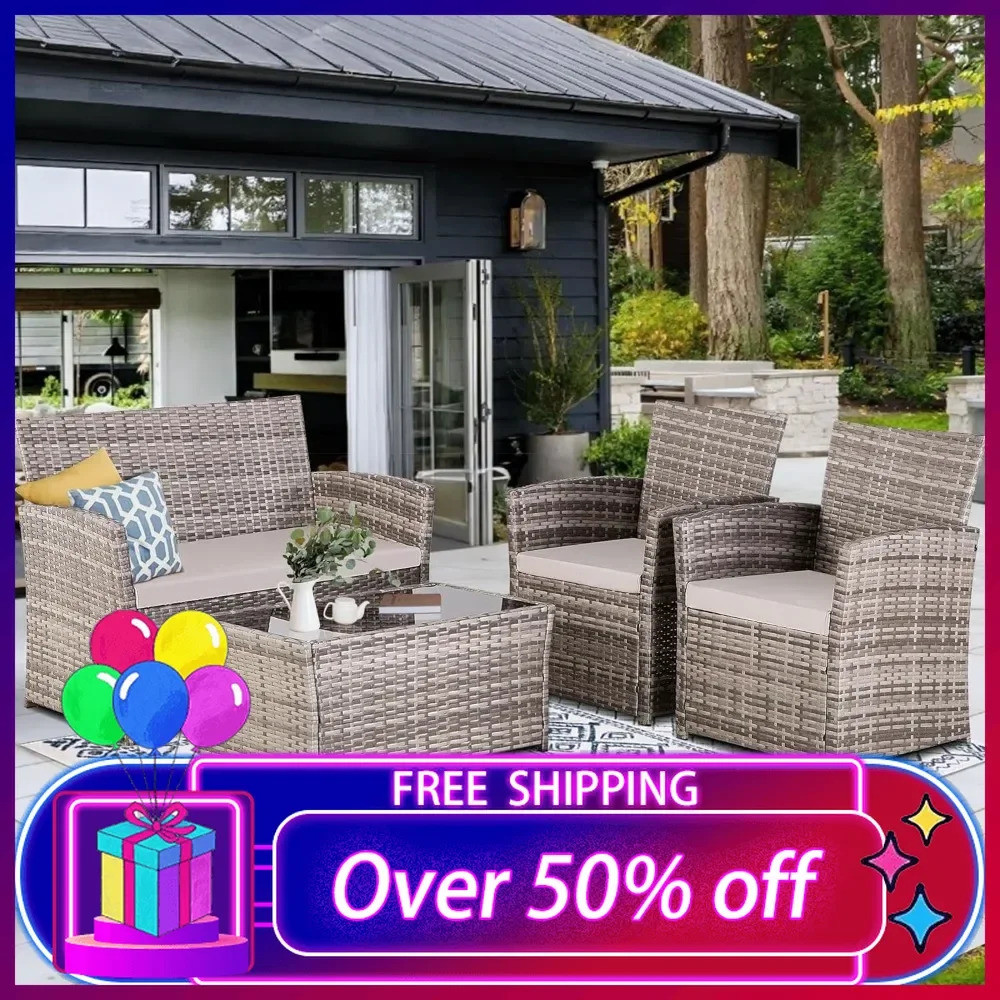 4 Piece Patio Furniture Set,outdoor Wicker Conversation Sets,rattan ...