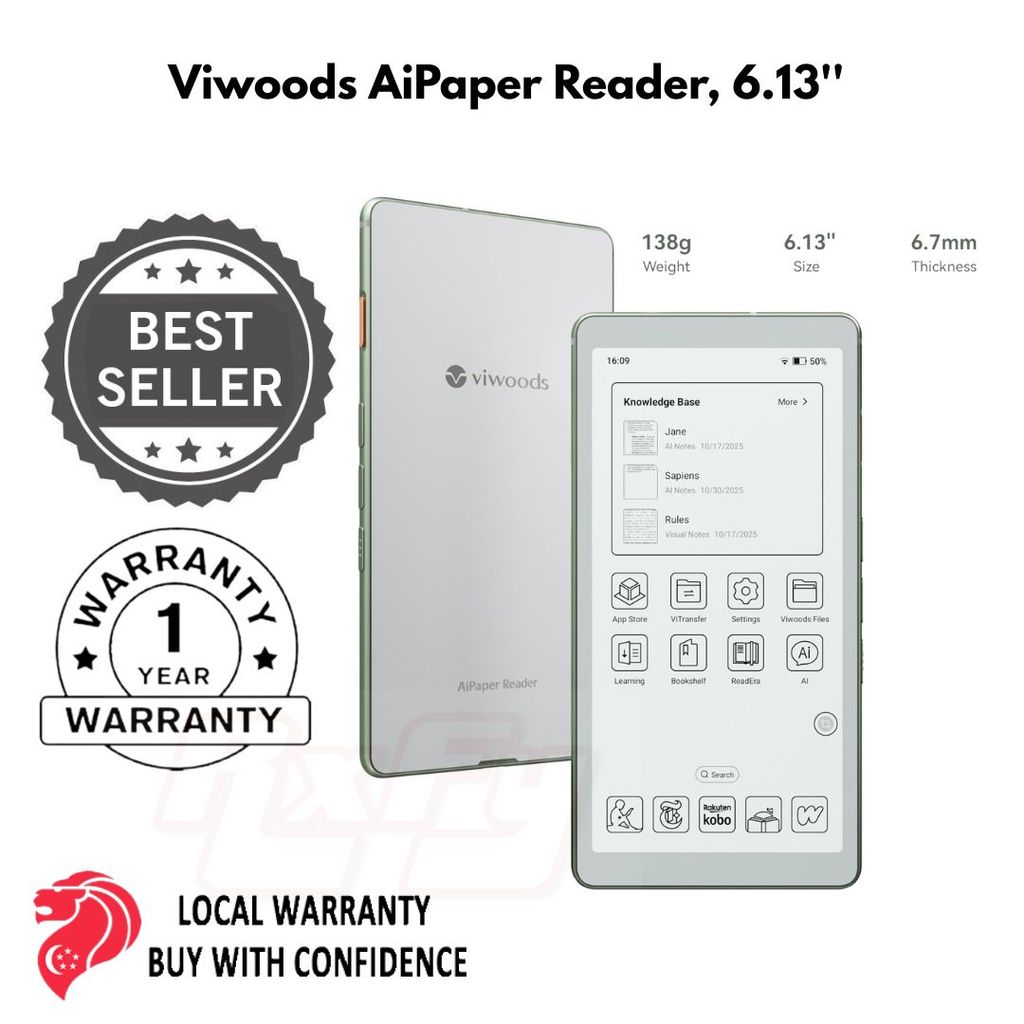 Viwoods AiPaper Reader, 6.13'' Carta1300 300 ppi eReader ebook 4G SIM ...
