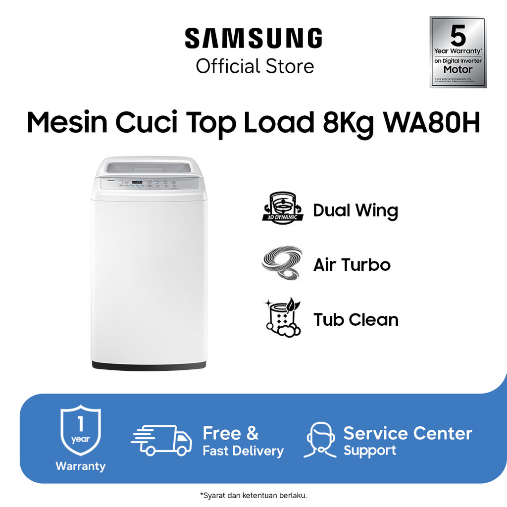 Samsung Mesin Cuci Top Loading 8Kg / Eco Tub Clean / WA80H4200SW/SE