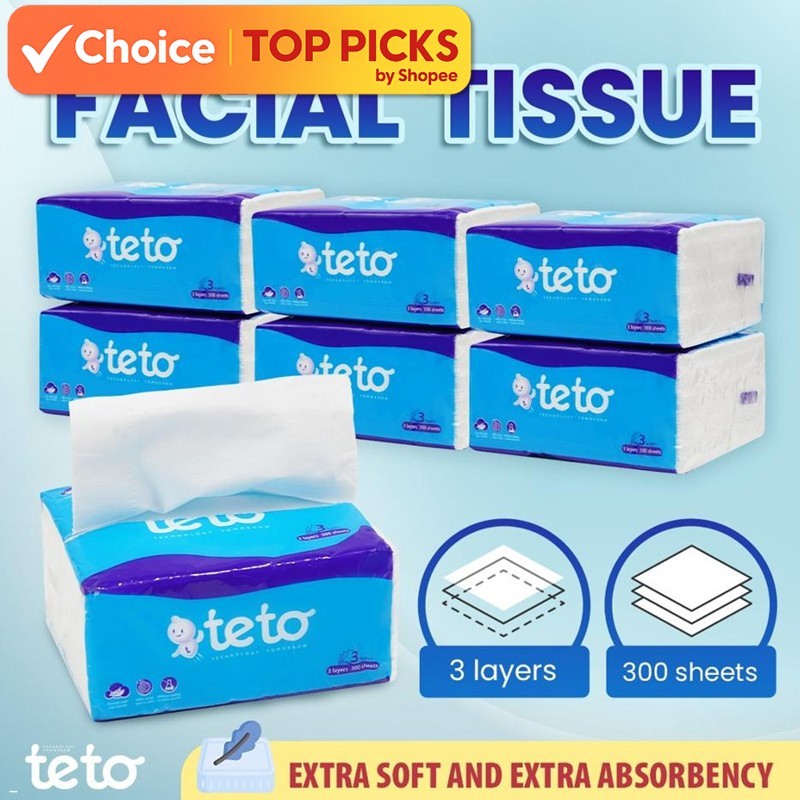 10 Pck x 300 Sheets Teto 3-Ply Soft Facial Tissue |3000 Sheets, Premium ...