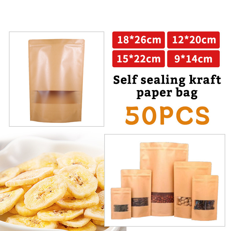 50pcs Brown Kraft Stand Up Pouch Plastic Paper Bag Packaging with ...