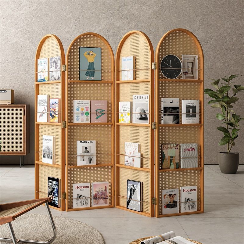 Folding Rattan Screen Partition Living Room Solid Wood Foldable Movable ...