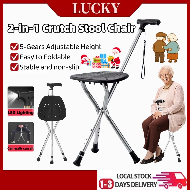 【SG Seller】Elderly Walking Stick with Seat Cane Stool With LED Light ...