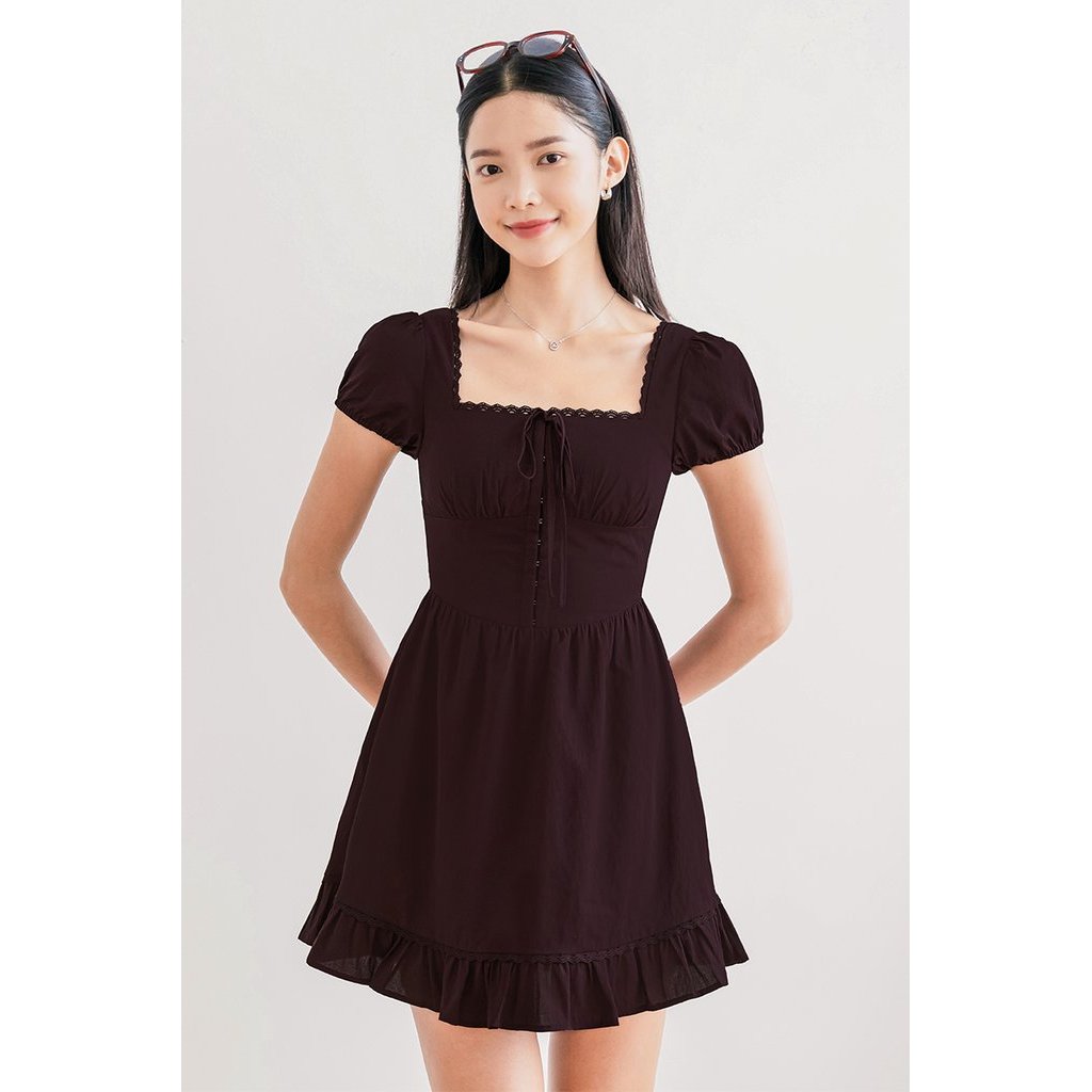 Dear Lyla Hazelle Padded Corset Puff Sleeve Dress (Burgundy Brown ...