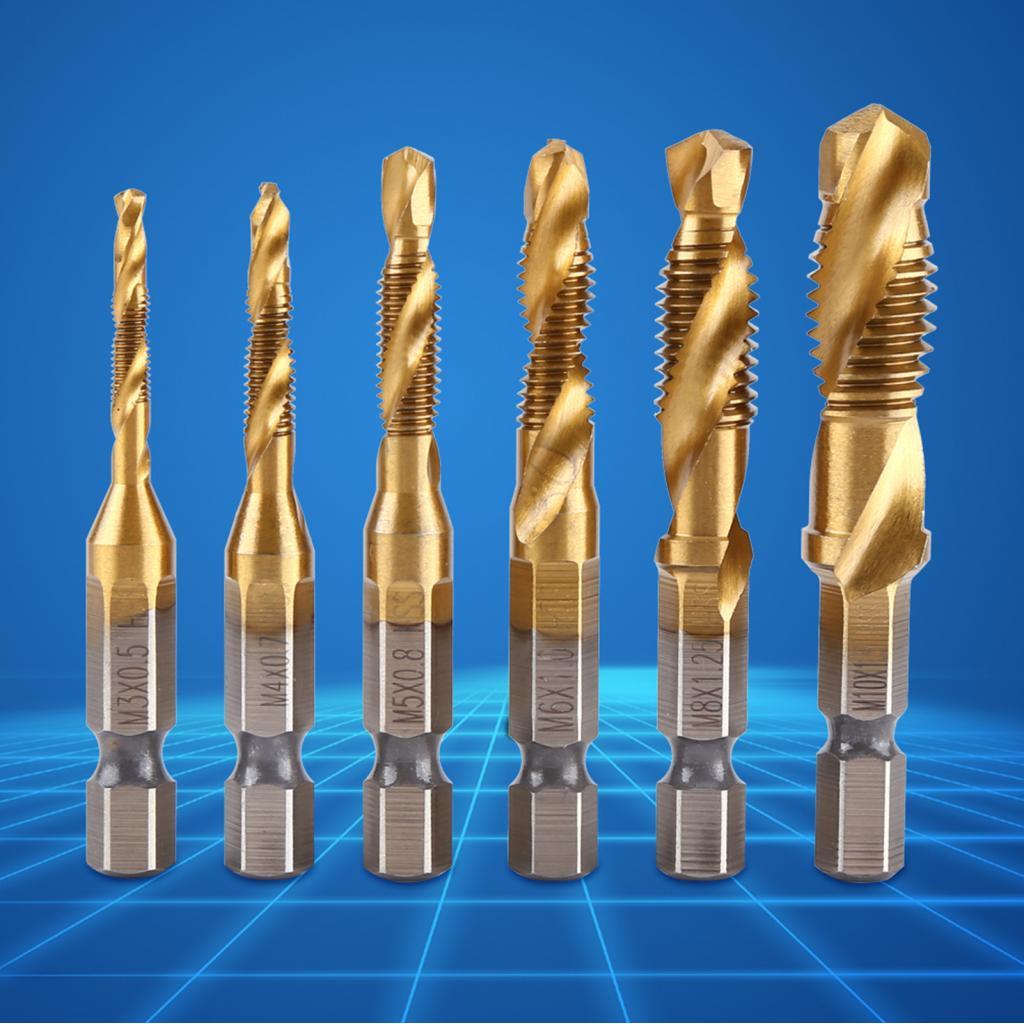 6pcs Metric Thread M3-M10 Titanium Coated HSS Drill and Tap Bits 1/4 ...