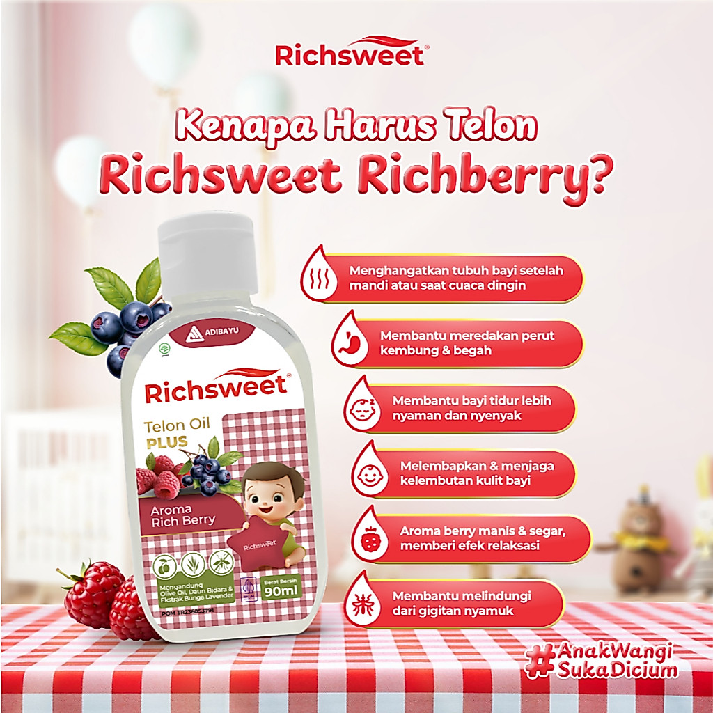 Richsweet Minyak Telon Plus Aroma Rich Bery 90ml [3 BOTOL] / Perlindungan sampai 12 Jam Anti Nyamuk + Ekstrak Daun Bidara - Gambar 4