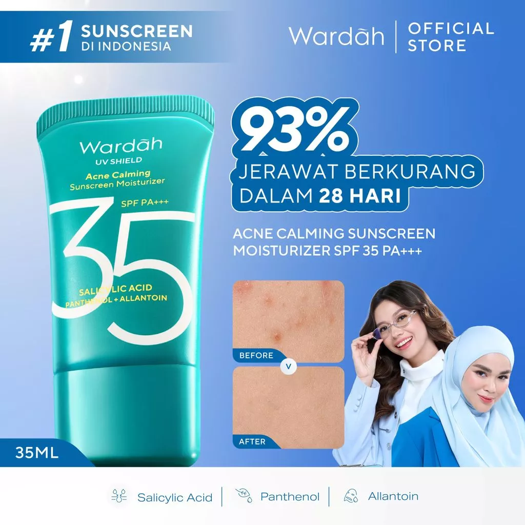 Wardah Sunscreen UV Shield Acne Calming Sunscreen Moisturizer SPF 35 PA - Wajah Meredakan Jerawat Ringan Mudah Meresap Calming and Repair Boosting Sunscreen Wajah Glowing BPOM - Skincare - Gambar 2