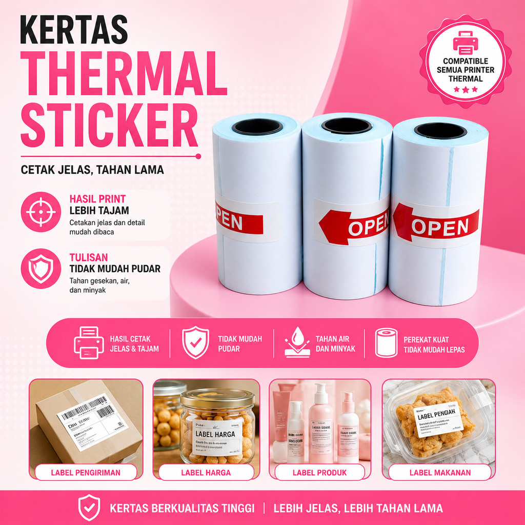 1ROL Kertas Thermal Stiker Mini Ukuran 58x30 57x30 Rol Printer Bluetooth 58MM Tempel Label Price Pengiriman Termal Paper Stikers Hitam Pekat A300