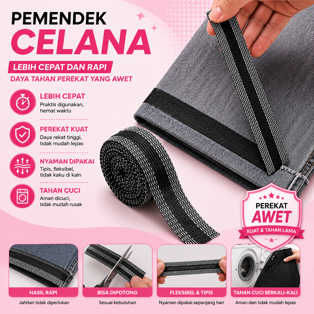 1ROLL Pemendek Celana Tanpa Jahit Panjang 1M Perlengkapan Menjahit Lem Jeans Pakaian Kepanjangan A069