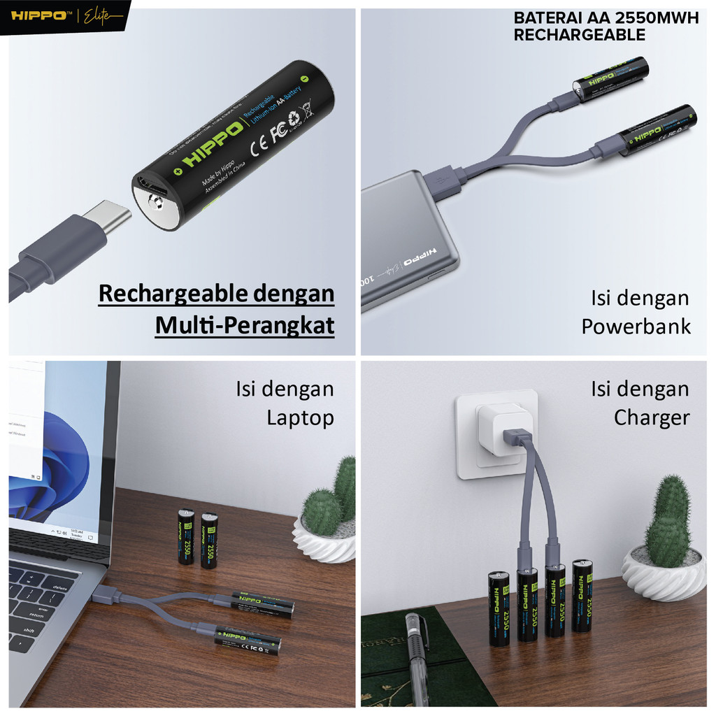 Hippo BA2 Baterai Cas isi Ulang AA 1.5V 1700 Mah Type-C USB Rechargeable Lithium Battery Charge - Gambar 4