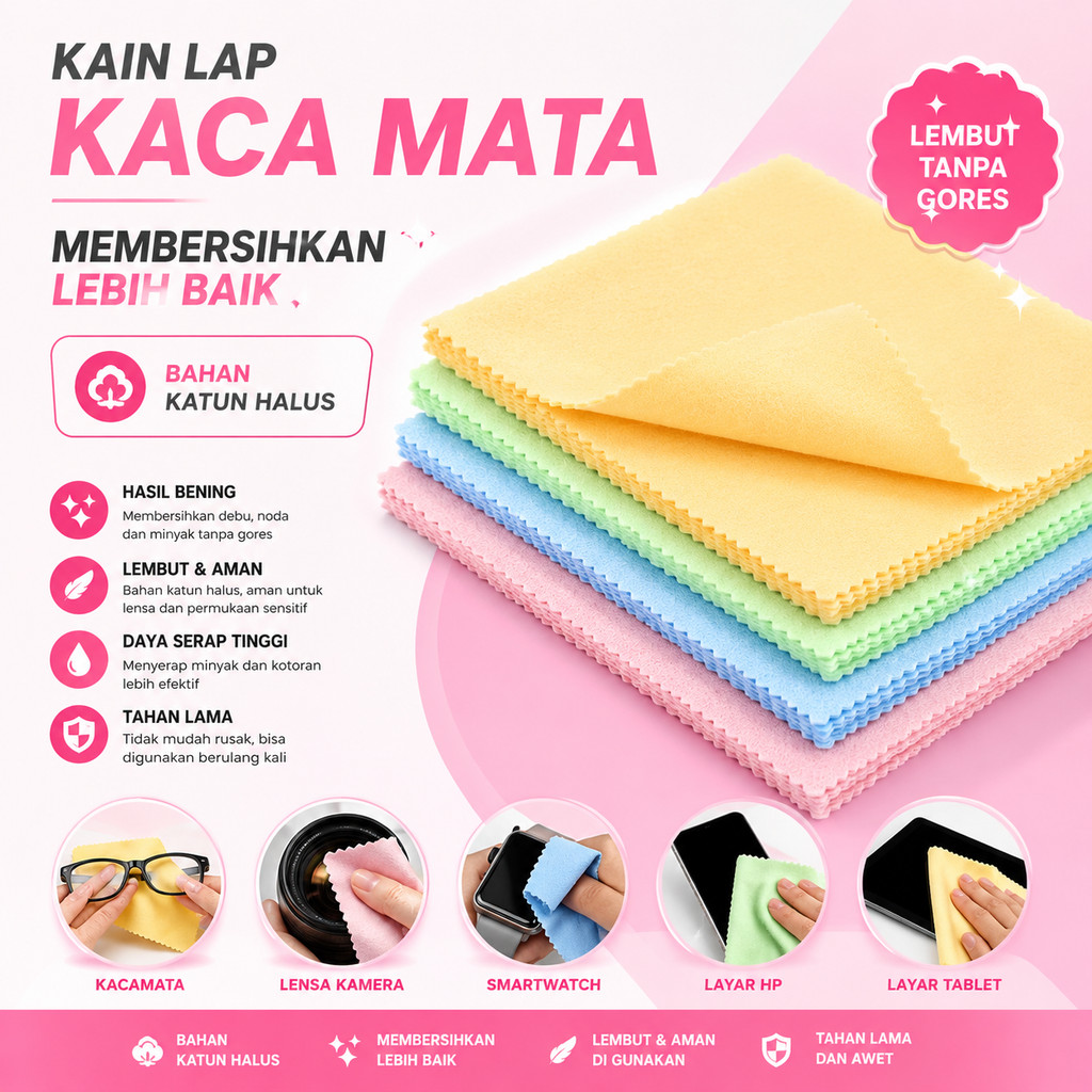 1PCS Kain Lap Kacamata Microfaiber Bahan Halus Lembut Pembersih Lensa Hp Camera Cleaner Lembut Import A060