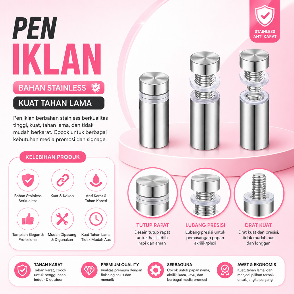 1PCS Pen Iklan Akrilik Ukuran 12x20mm Penyangga Papan Kaca Sign Board Paku Baut Reklame Dinding A194