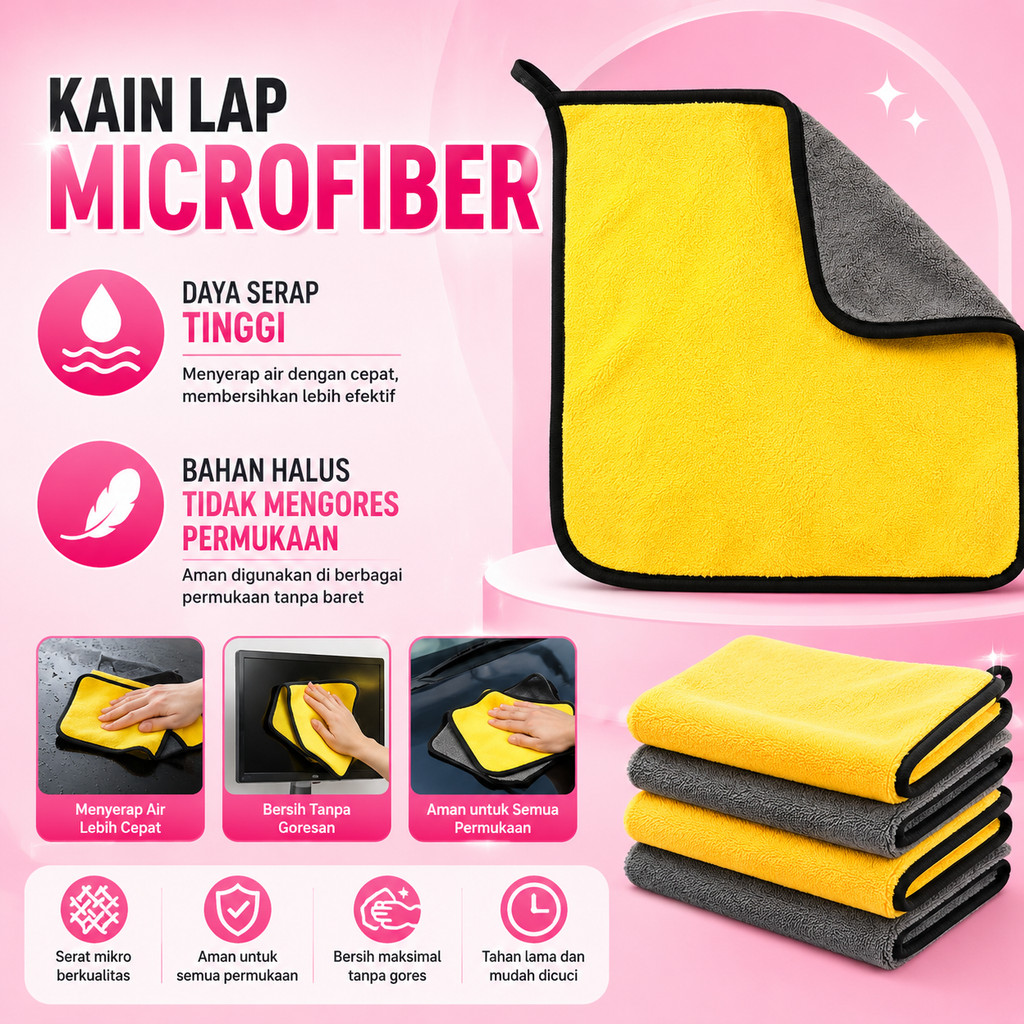 1PCS Kain Lap Microfiber 2 Sisi Ukuran 25x25cm Halus Tebal Pengering Kendaraan Mobil Motor Serbaguna A201