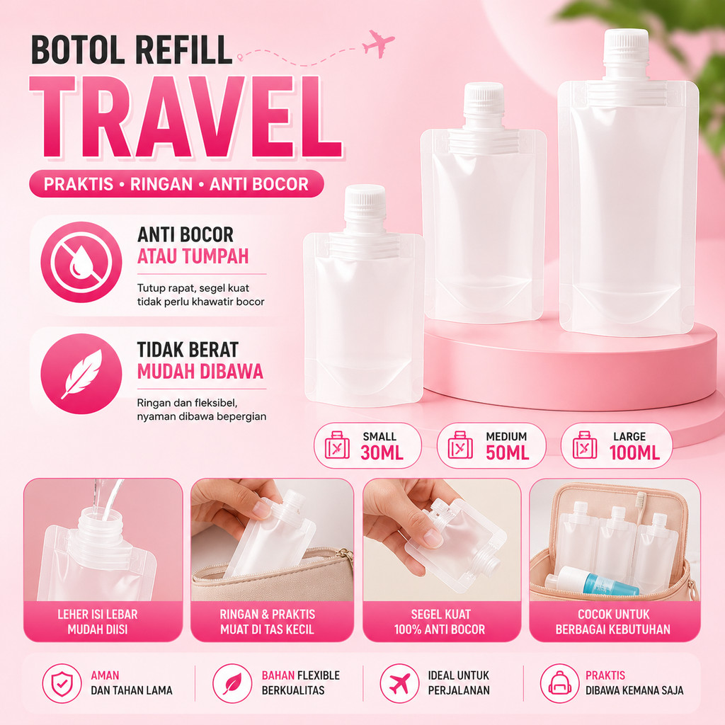 1PCS Botol Reffil Shampoo Sabun Pouch Travel Organizer Wadah Isi Ulang Liquid Traveling Transparant A338