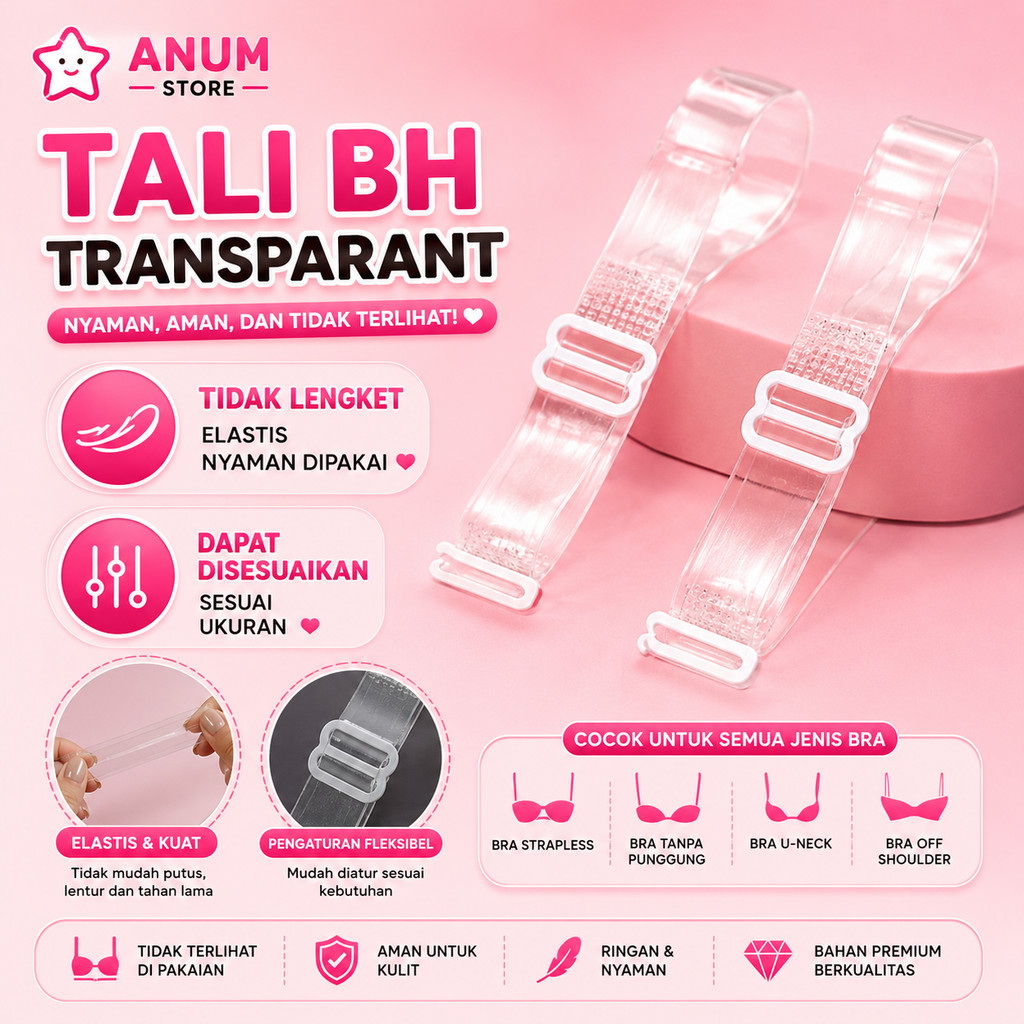1PASANG Tali Bra Transparan Bening Aksesoris Tambahan Strap Tali BH Set Transparant Adjustable A023