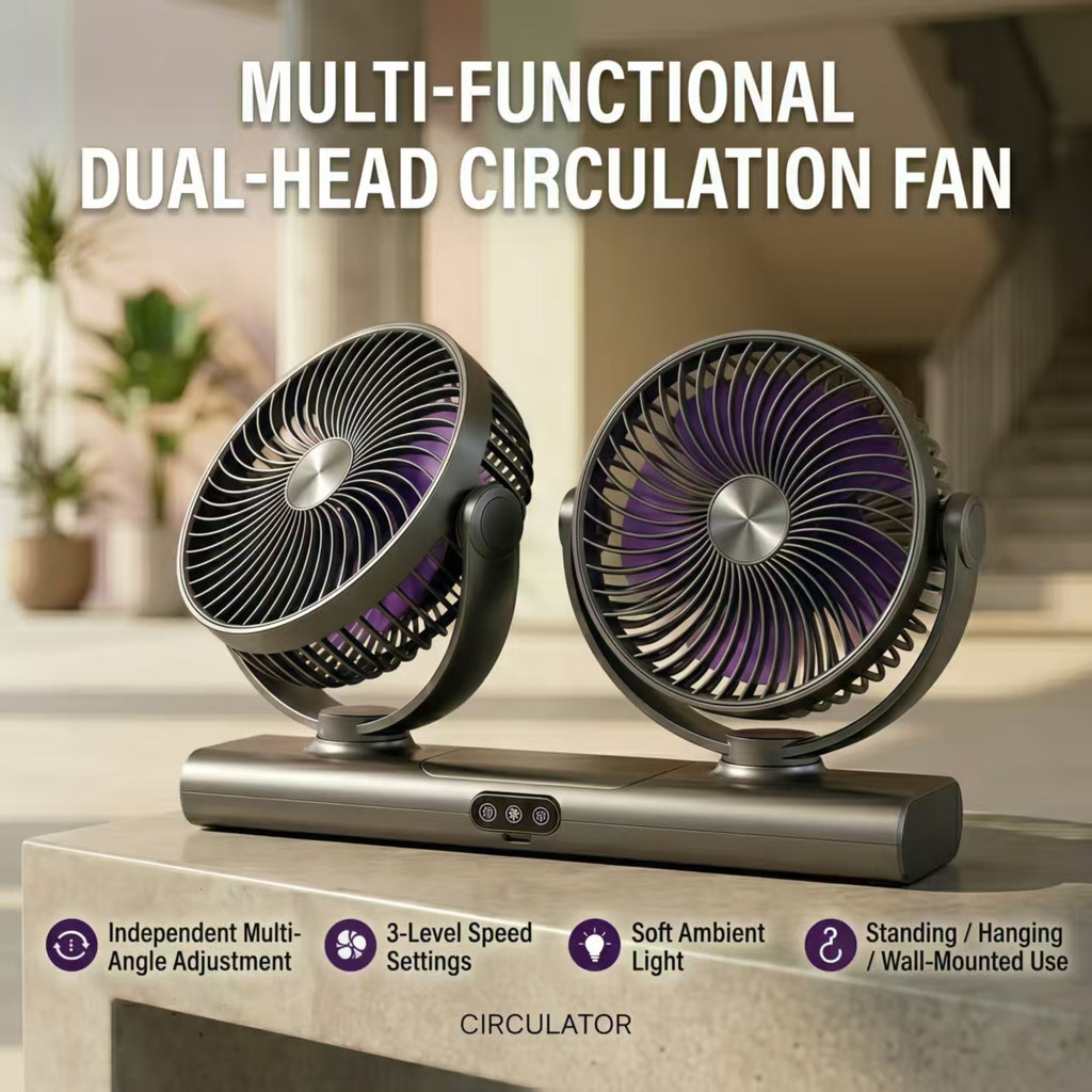 Dual Head Air Circulation Fan 360° Independent Dual Fans | 3 Speed ...