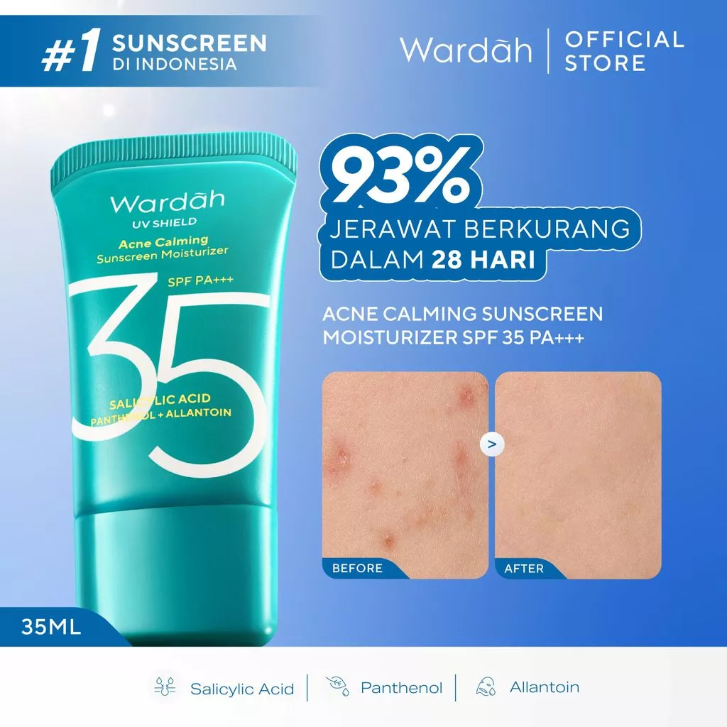 Wardah Sunscreen UV Shield Acne Calming Sunscreen Moisturizer SPF 35 PA - Wajah Meredakan Jerawat Ringan Mudah Meresap Calming and Repair Boosting Sunscreen Wajah Glowing BPOM - Skincare - Gambar 3