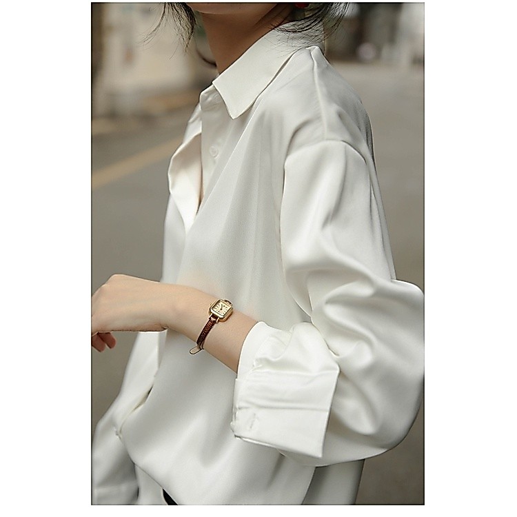 TianShun Satin Shirt for Women Black White Green Atasan Korea Kemeja Putih Hitam Kemeja Wanita - Gambar 4