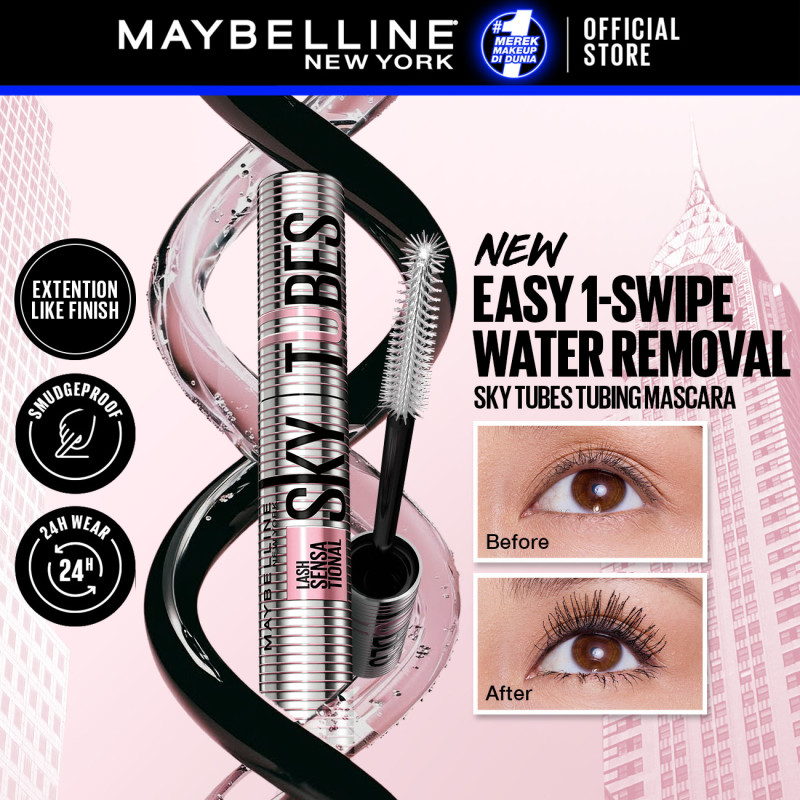 [BARU] MAYBELLINE OFFICIAL Sky Tube Tubing Mascara Easy 1-Swipe Water Removal Extention-Like Finish Tahan 24 Jam Smudgeproof Mudah Dibersihkan - Gambar 2